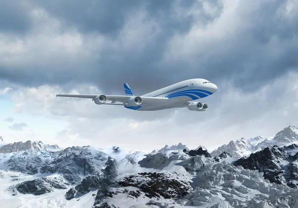 Avión blanco de pasajeros sobre las montañas — Foto de Stock