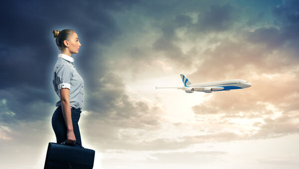 Business travelling collage with a plane