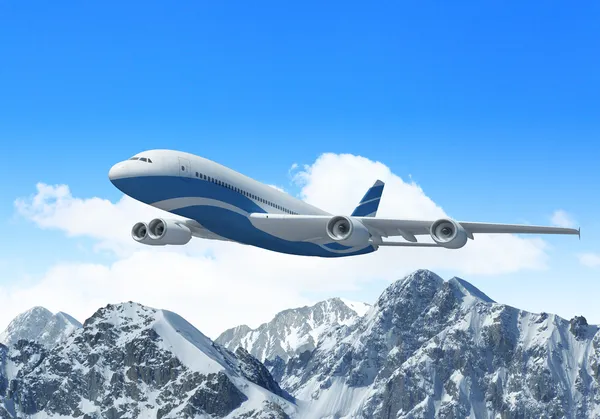 White passenger plane above the mountains — Stock Photo, Image