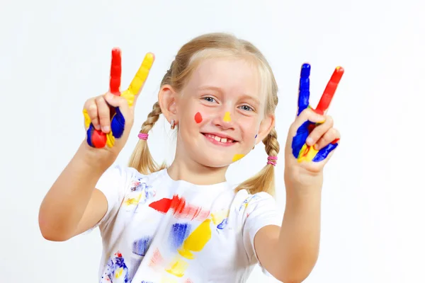 Bambino felice con vernice sulle mani — Foto Stock