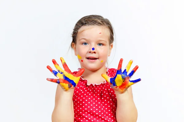 Gelukkig kind met verf op de handen — Stockfoto