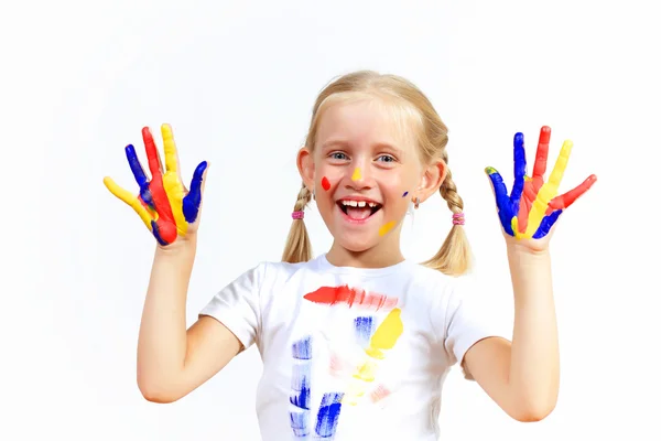 Gelukkig kind met verf op de handen — Stockfoto