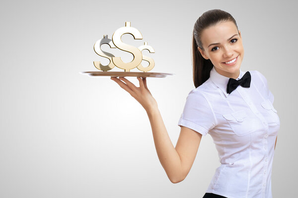 Waitress holding a tray with money