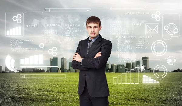 Business person with digital symbols — Stock Photo, Image