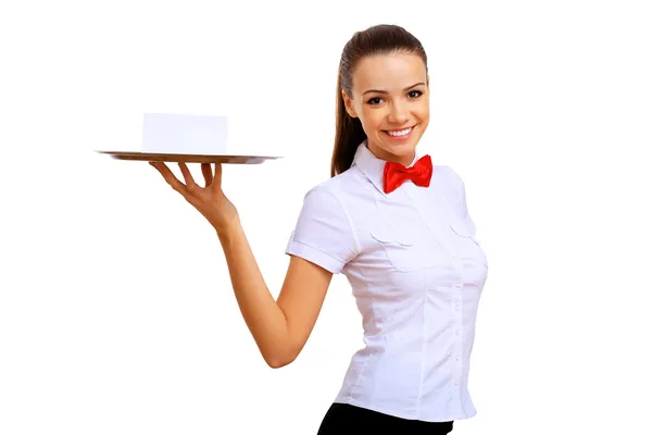 Young waitress with an empty tray — Stock Photo, Image