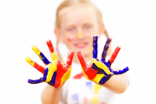 Happy child with paint on the hands — Stock Photo, Image