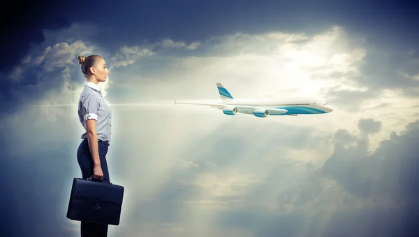 Collage de viaje de negocios con un avión — Foto de Stock