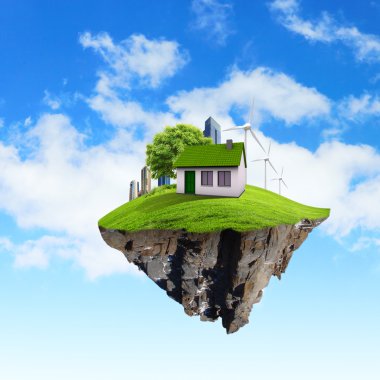 A piece of land in the air with house and tree. clipart