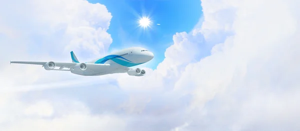 在蓝色的天空中白色的客运飞机 — 图库照片