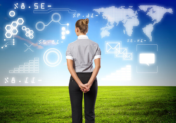 Businesswoman agaisnt virtual background