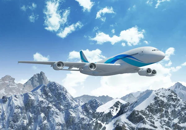 Avião branco de passageiros acima das montanhas — Fotografia de Stock