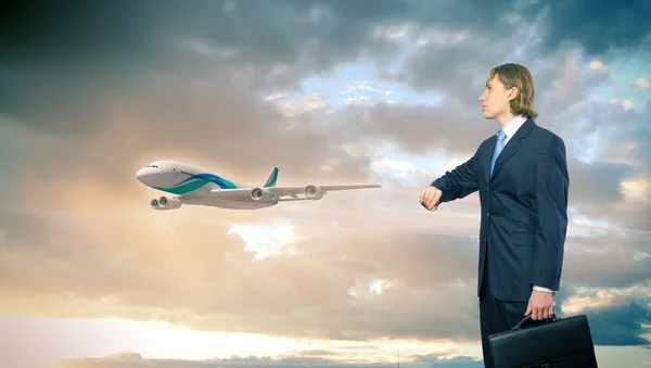 Business travelling collage with a plane — Stock Photo, Image