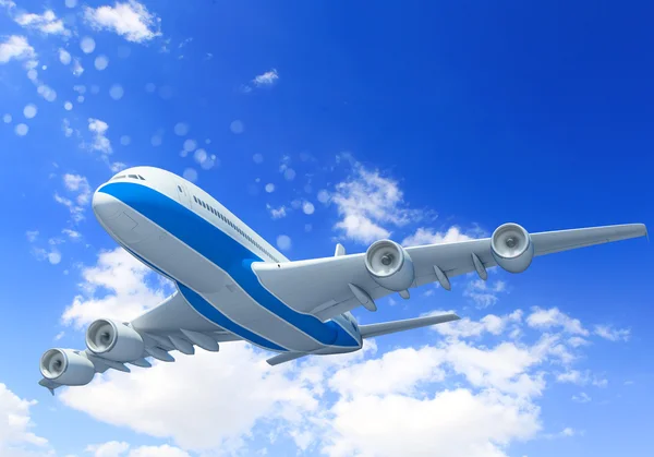 Witte passagiersvliegtuig in de blauwe hemel — Stockfoto