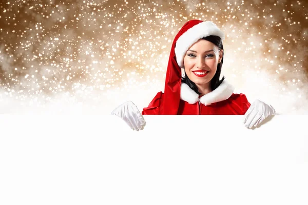 Santa girl with a blank banner — Stock Photo, Image