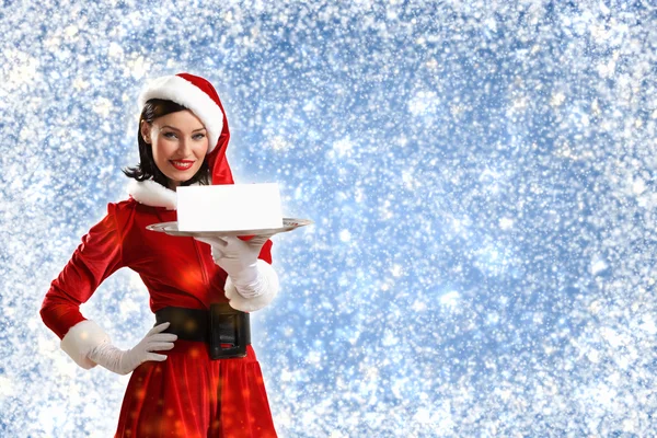 Santa girl with a blank banner — Stock Photo, Image