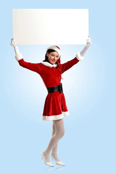 Santa girl with a blank banner — Stock Photo, Image