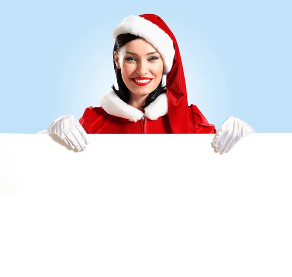 Santa girl with a blank banner — Stock Photo, Image