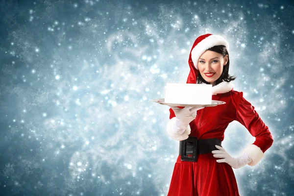 Santa girl with a blank banner — Stock Photo, Image