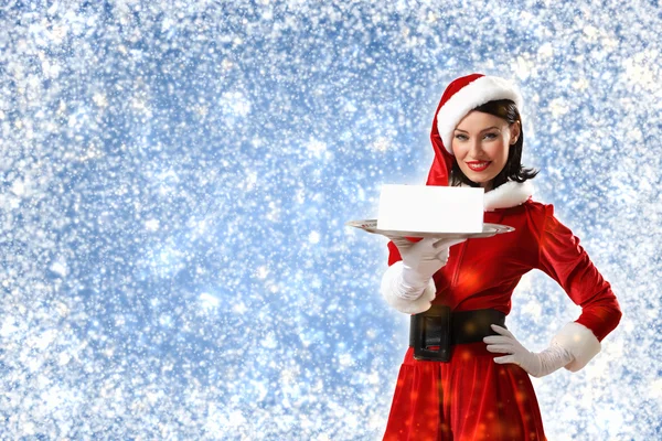 Santa girl with a blank banner — Stock Photo, Image