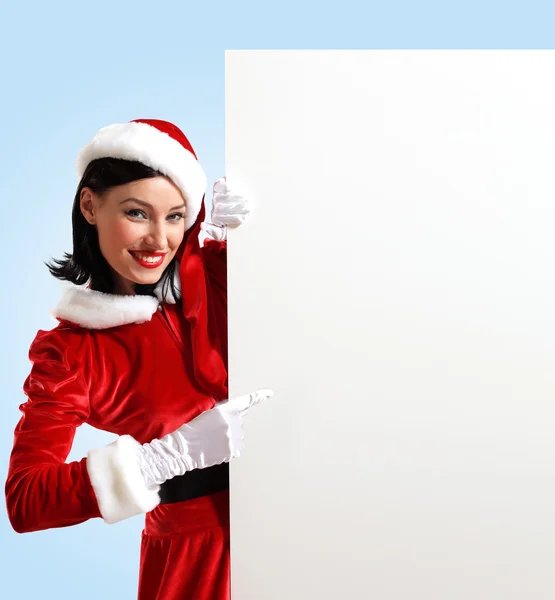 Santa girl with a blank banner — Stock Photo, Image