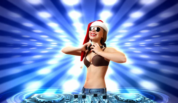 Female dj in christmas wear — Stock Photo, Image