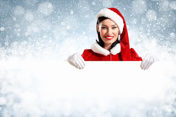 Santa girl with a blank banner — Stock Photo, Image