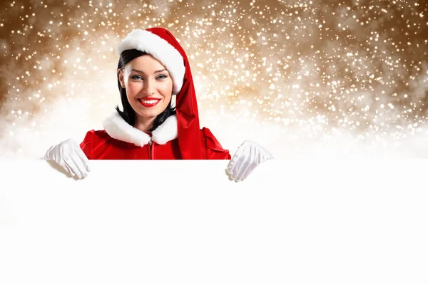 Santa girl with a blank banner — Stock Photo, Image