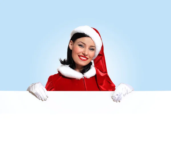 Santa girl with a blank banner — Stock Photo, Image