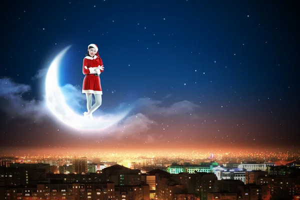 Santa flicka på månen — Stockfoto