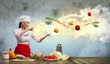 Asyalı kadın ile büyü renk arka plan yemek