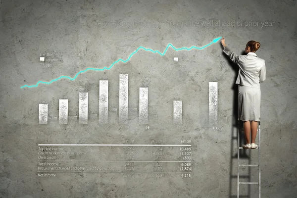 Affärskvinna ritade diagram på vägg — Stockfoto