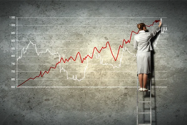 Affärskvinna ritade diagram på vägg — Stockfoto