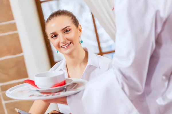 Pretty woman in cafe — Stock Photo, Image