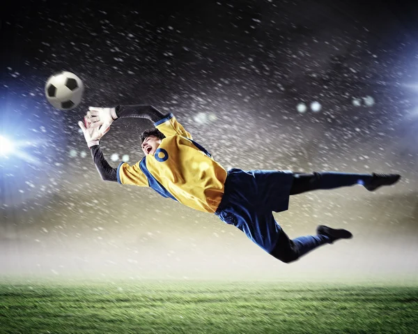 Goalkeeper catches the ball — Stock Photo, Image