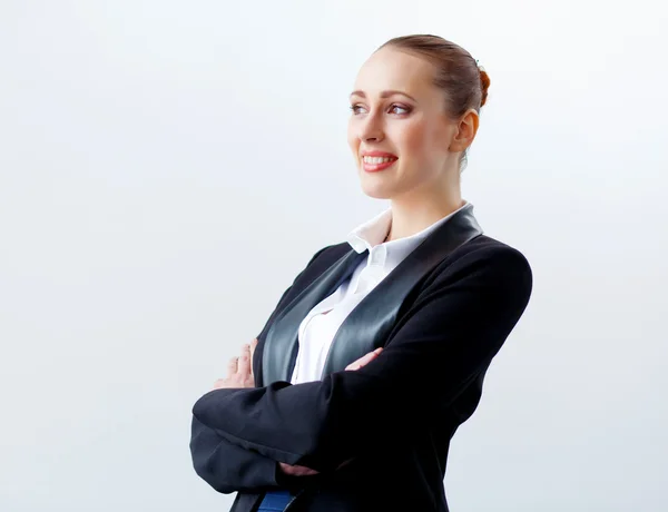 Aantrekkelijke zakenvrouw in zwart pak — Stockfoto
