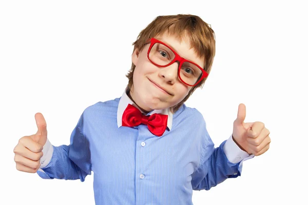 Écolier en lunettes rouges Image En Vente