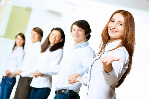 Five students smiling — Stok fotoğraf