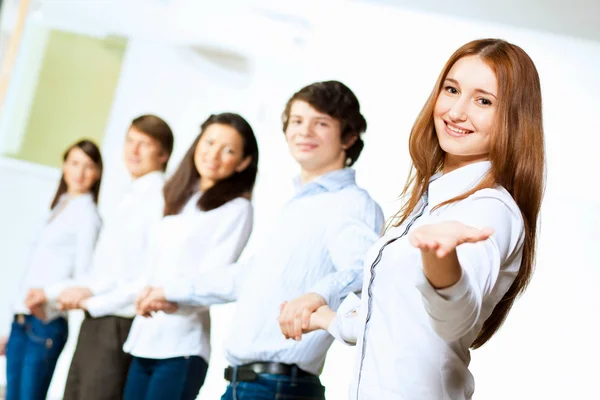 Five students smiling — Stok fotoğraf