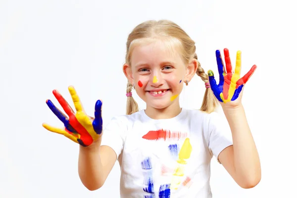 Niño feliz con pintura en las manos —  Fotos de Stock