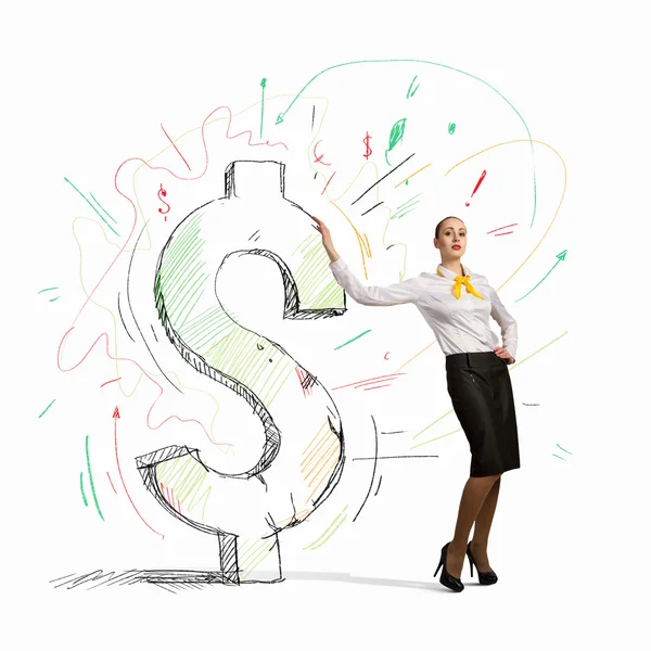 Businesswoman leaning on dollar sign — Stock Photo, Image