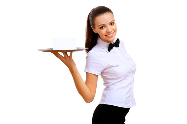 Young waitress with an empty tray