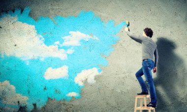 genç adam bir bulutlu mavi gökyüzü çizim