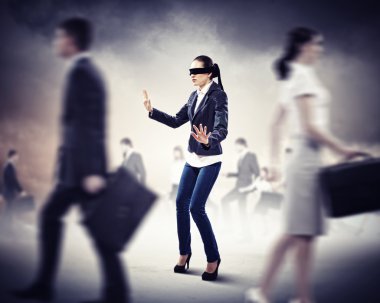 Businesswoman in blindfold among group of people clipart