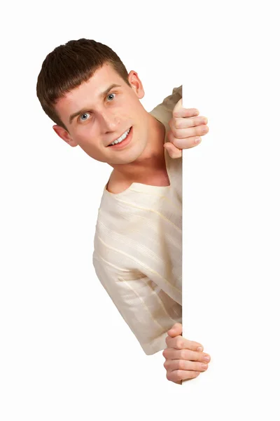 Boy with a blank billboard — Stock Photo, Image