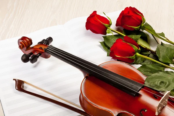 Красные розы и скрипка — стоковое фото