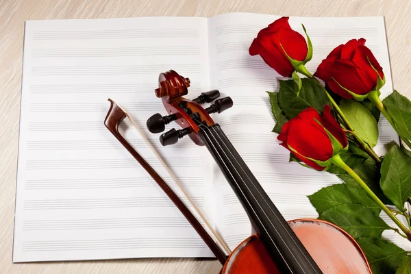 Red roses and a violin — Stock Photo, Image
