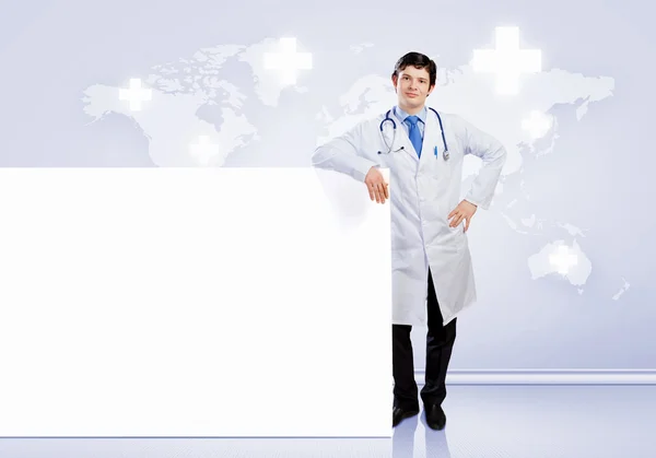 Erkek doktor banner ile — Stok fotoğraf