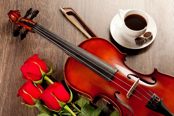 Red roses and a violin — Stock Photo, Image