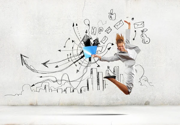 Jumping businesswoman — Stock Photo, Image