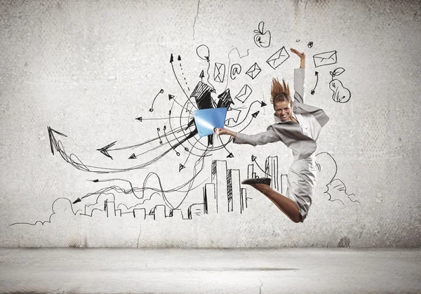 Jumping businesswoman — Stock Photo, Image